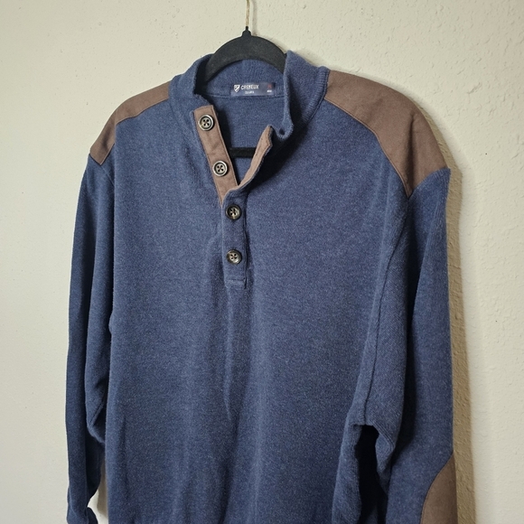 Cremieux Classics Mens XL Cotton Sweater Pullover Blue Brown Button Arm Patch - Picture 2 of 11